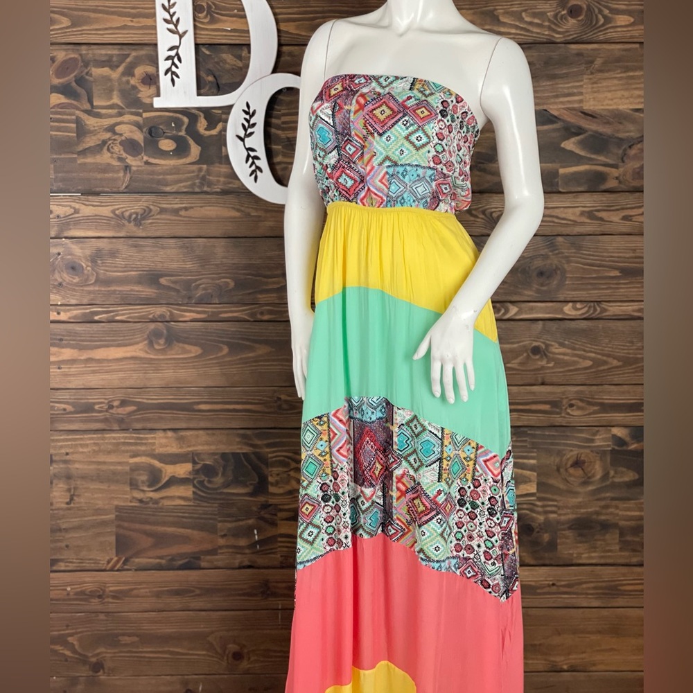Xtaren |‎ Multicolored Colorful Strapless Maxi Dress Patchwork Stripe Boho Indie